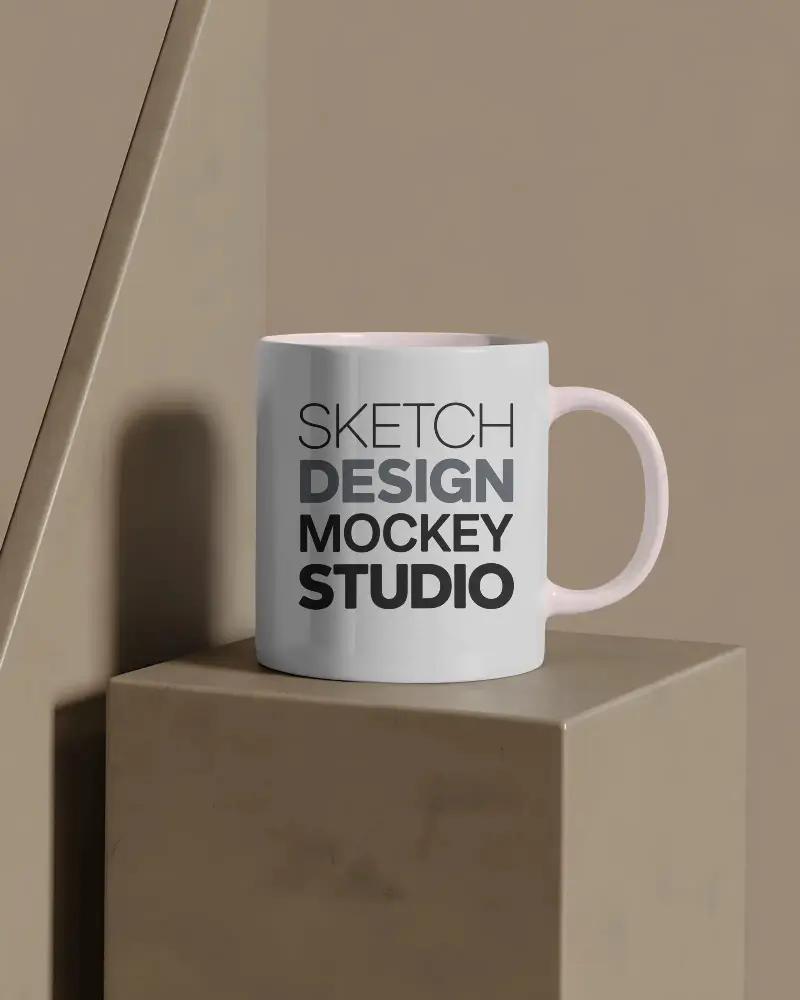 Photo Realistic Porcelain Mug Mockup With Handle On Modern Geometric Surface