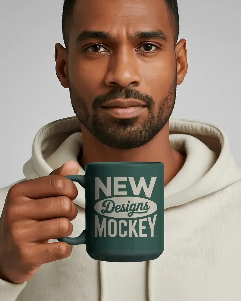 Person Holding Large Handle Ceramic Mug Mockup Casual Wear For Drinking Hot Beverage