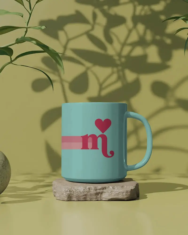 Blank Ceramic Coffee Mug Mockup On Stone Plate With Natural Light And Leaf Shadows