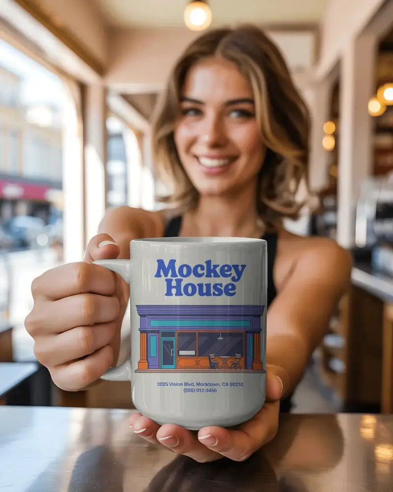 Woman Holding Customizable Mug Mockup For Personalized Coffee Drinkware Designs