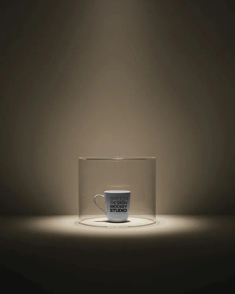 Elegant Minimalist Mug Mockup Showcasing Ceramic Cup Floating In Glass Display Case