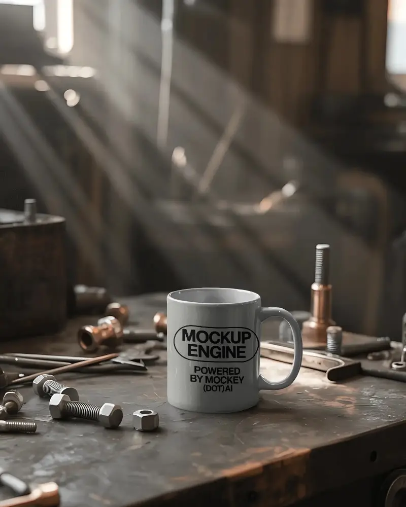 Minimalistic Industrial Mug Mockup On Workshop Table With Metal Tools And Soft Lighting