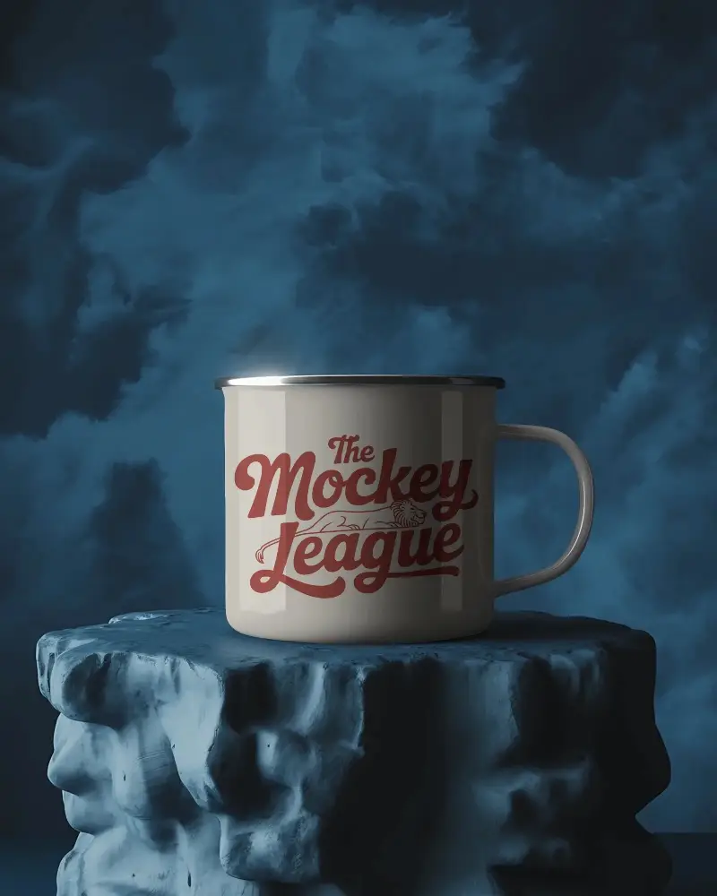 Metal Handle Enamel Mug Mockup On Rough Stone Surface With Artistic Blue Cloudy Sky