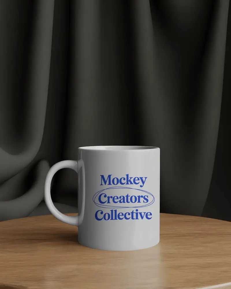 Ceramic Mug Mockup On Simple Wooden Table With Smooth Draped Fabric Background