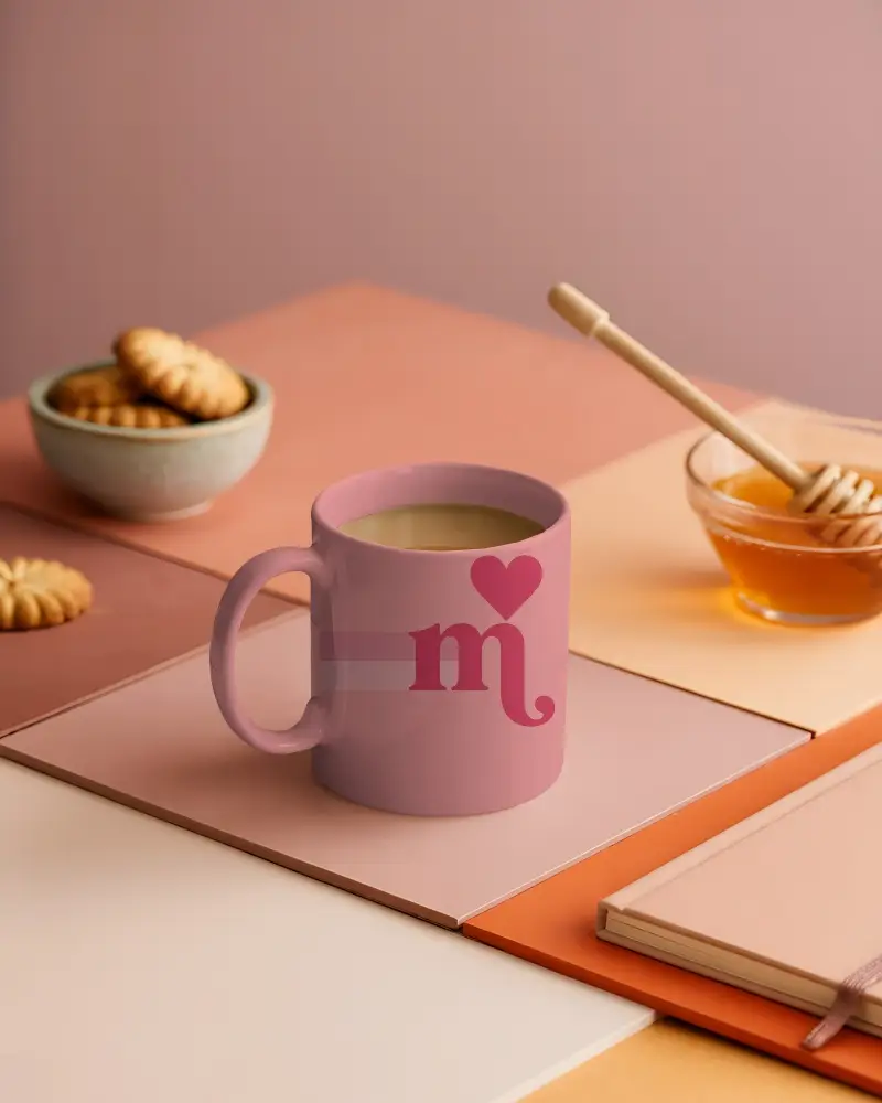 Ceramic Mug Mockup With Hot Drink Next To Notebook And Honey On Geometric Surface