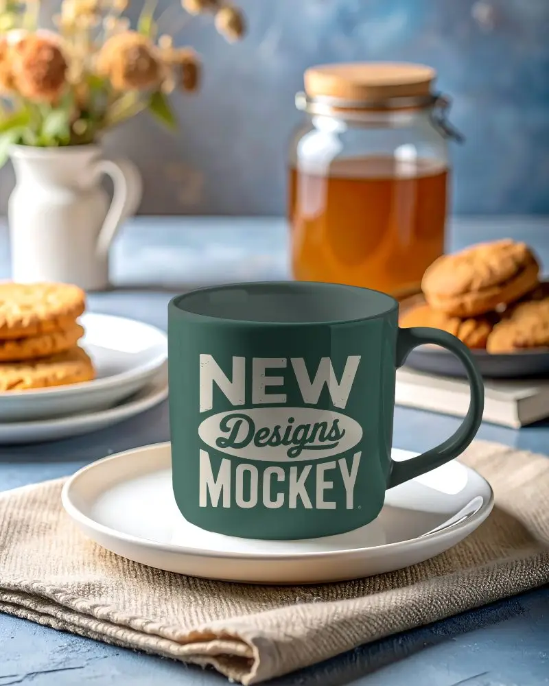 Minimalist Mug Mockup On Ceramic Plate With Sweet Treat Background
