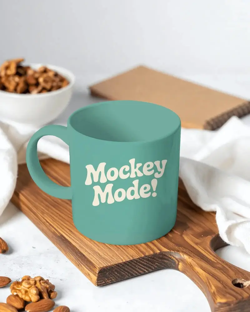Ceramic Coffee Mug Mockup Wooden Serving Board With Nuts And Notebook Background Setup