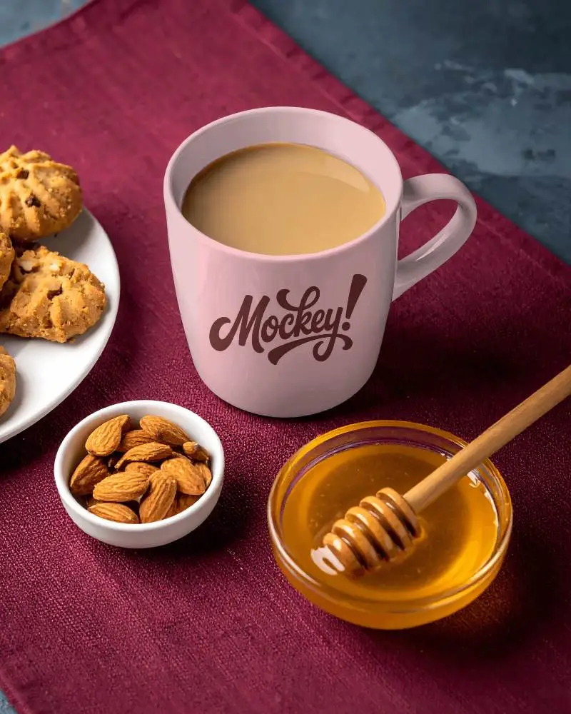 Inviting Morning Drink In A Ceramic Mug Mockup Side Dishes Of Honey Nuts And Baked Treats