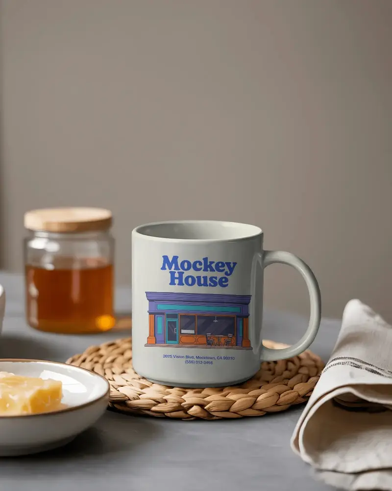Premium Kitchen Mug Mockup Smooth Finish Set On Wicker Base Near Breakfast Items