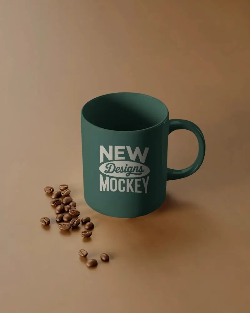 Sleek Modern Ceramic Coffee Mug Mockup With Coffee Beans On Minimalist Background