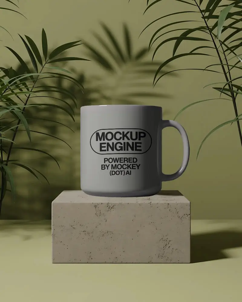 Minimalistic Ceramic Mug Mockup On Concrete Block With Botanical Shadows Background