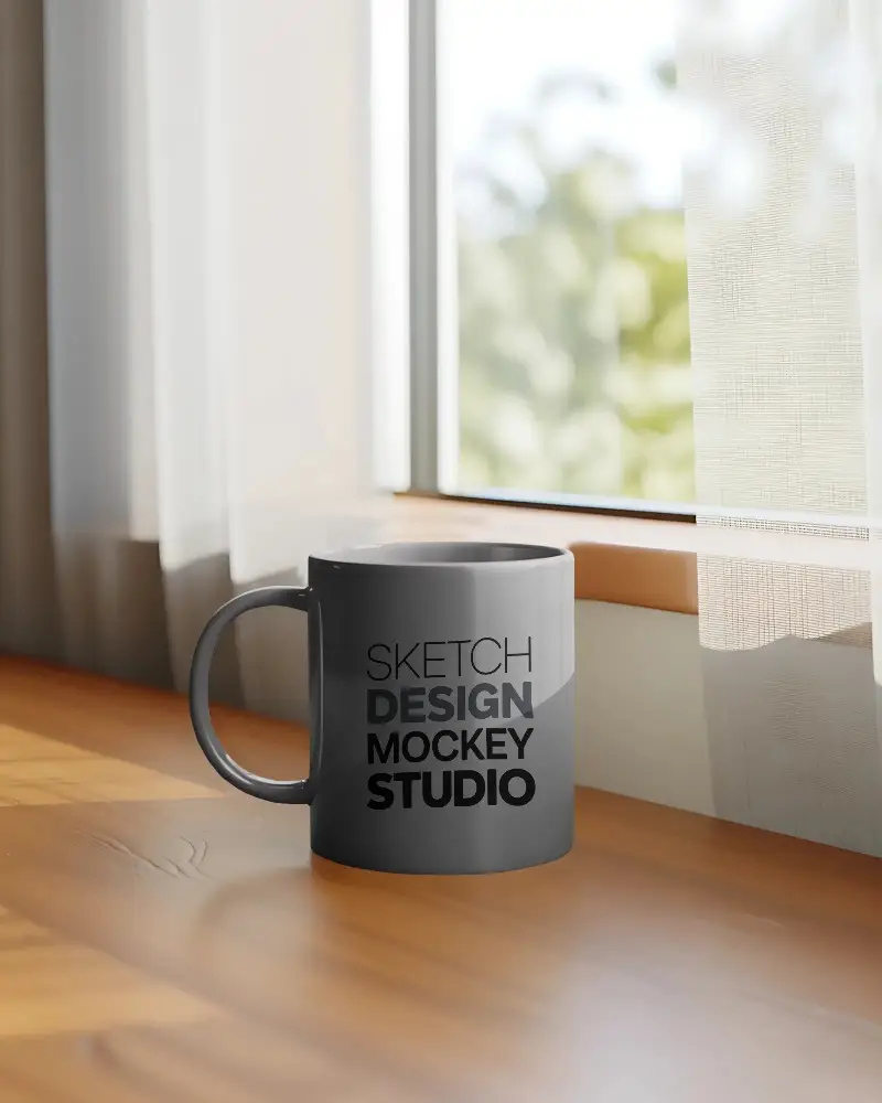 Modern Kitchen Coffee Mug Mockup On Natural Wood Table Near Window Sunlight