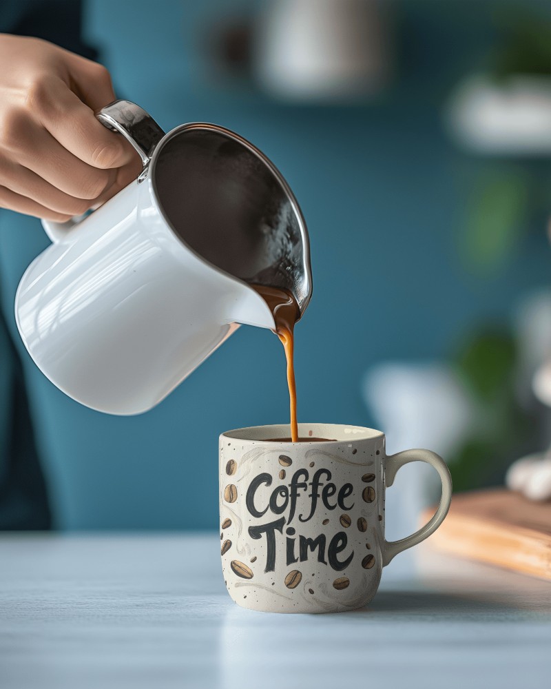 Morning Ritual Coffee Pour Mockup On Ceramic Mug With Vibrant Beans Design