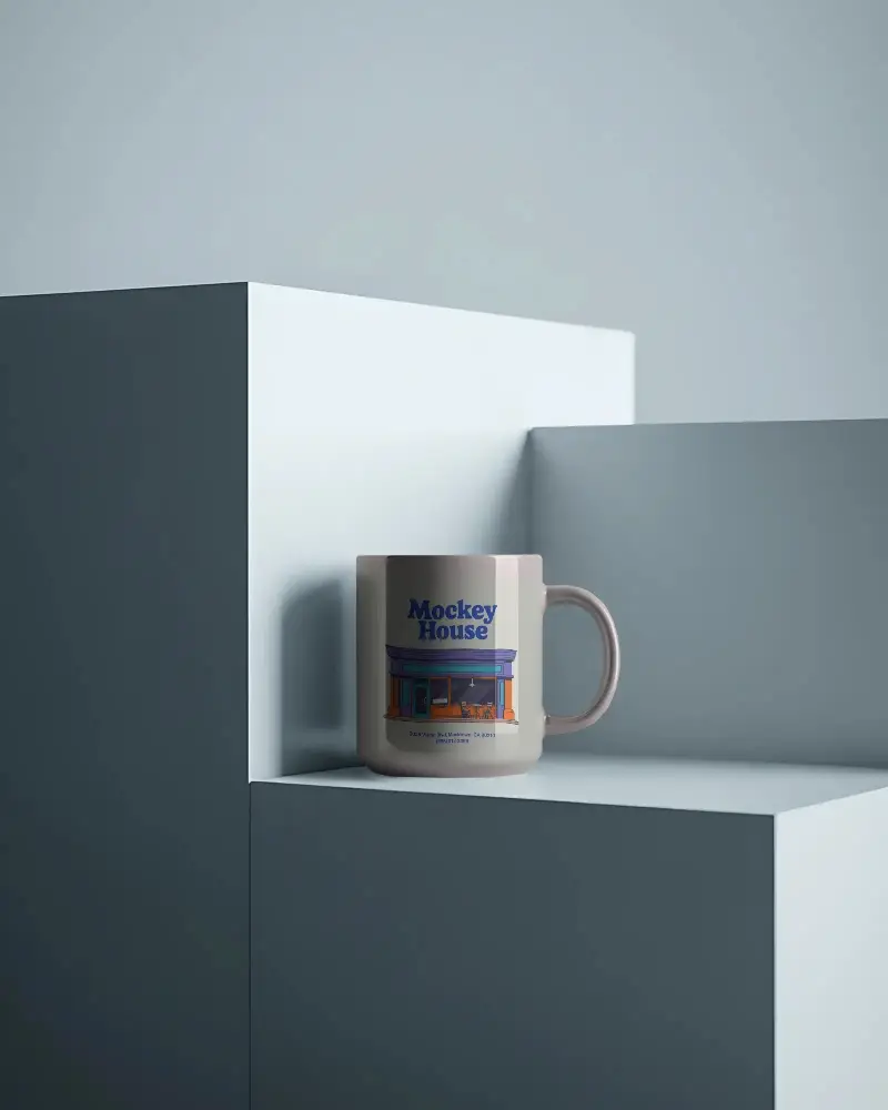 Ceramic Mug Mockup On Modern Minimalist Block For Custom Design Showcase