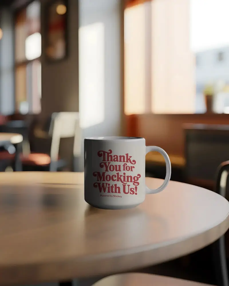 Ceramic Mug Mockup On Rounded Table In Cozy Cafe Environment For Design Presentation