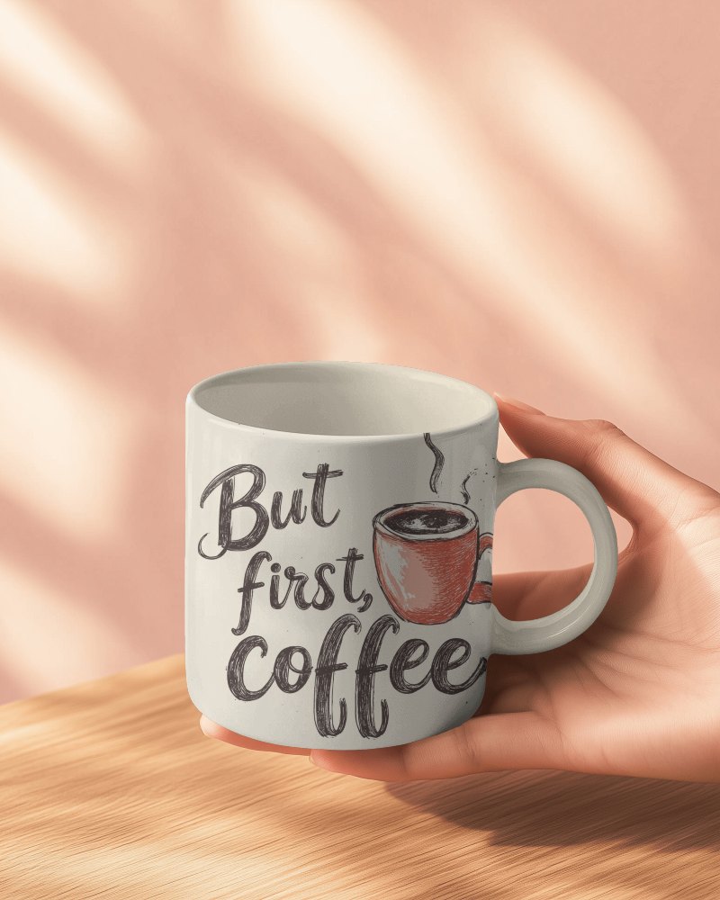 Motivational Coffee Mug Mockup But First Coffee On A Wooden Table