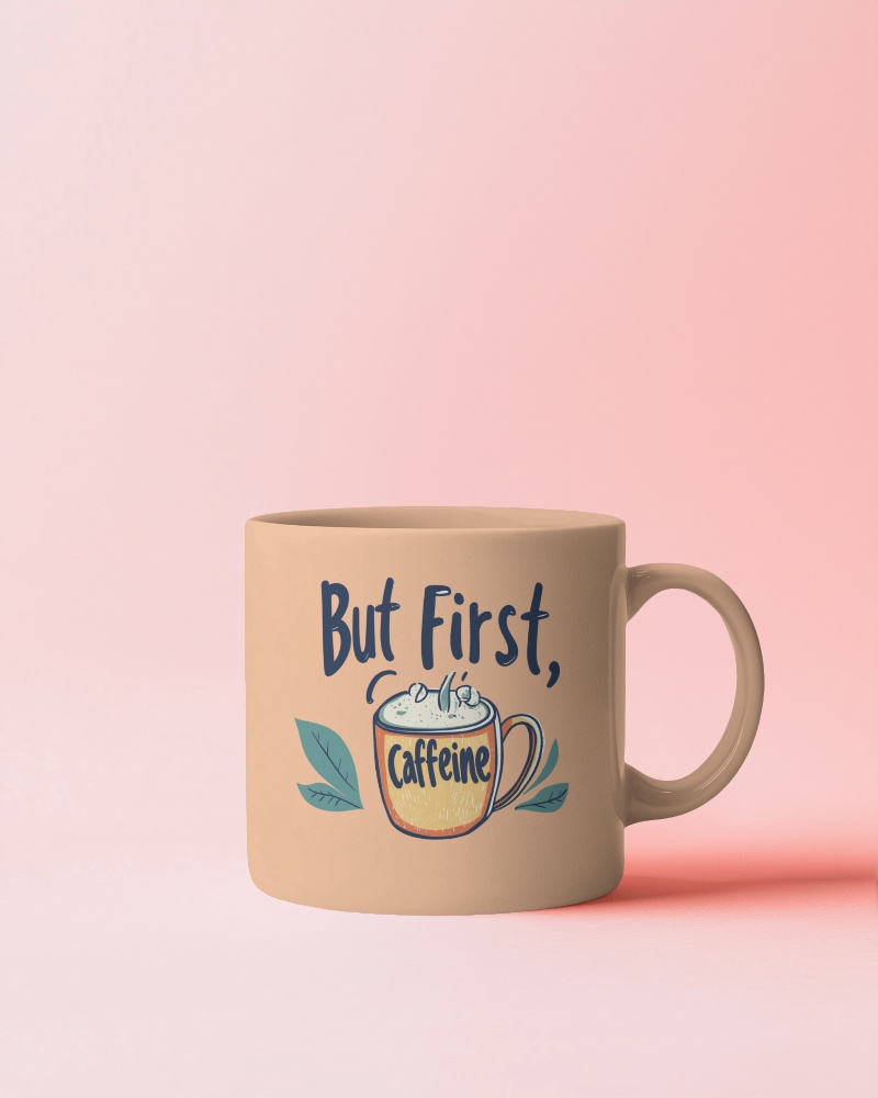 Morning Essentials But First Caffeine Mug Mockup Pastel Pink Background
