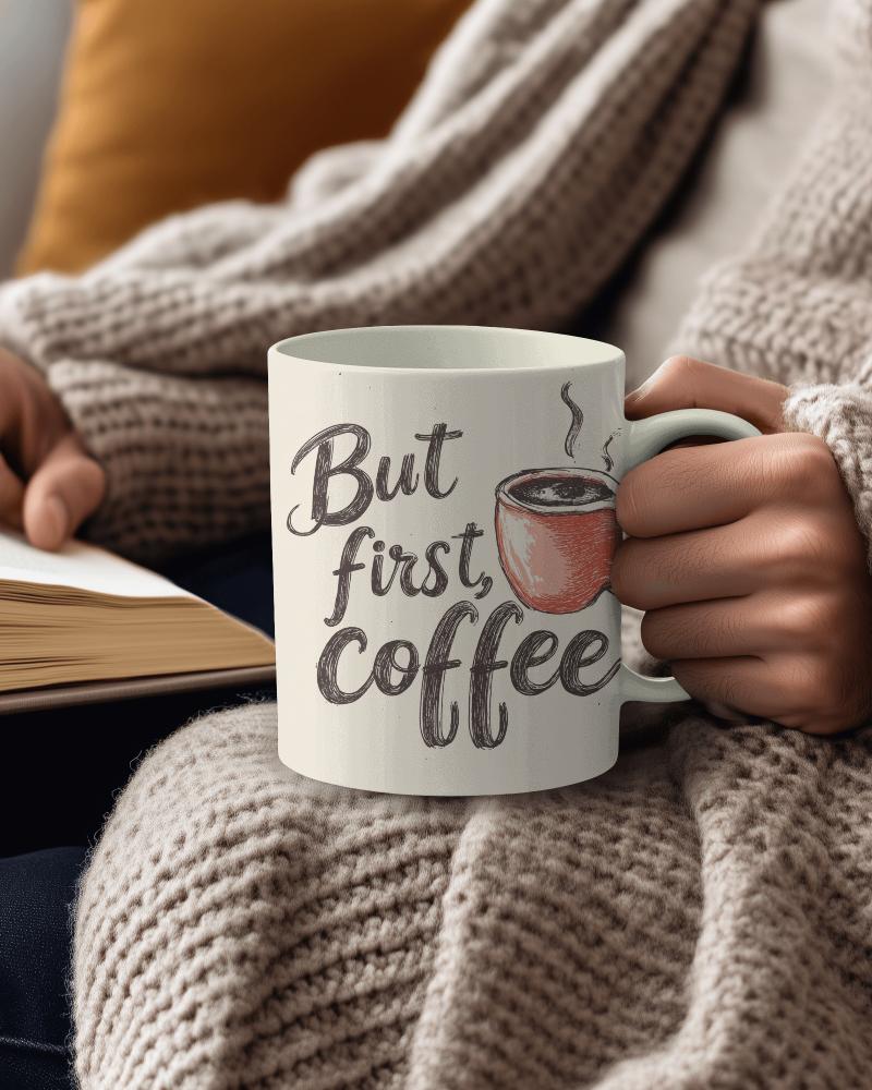Cozy Reading Session But First Coffee Mug Mockup With Knitted Blanket