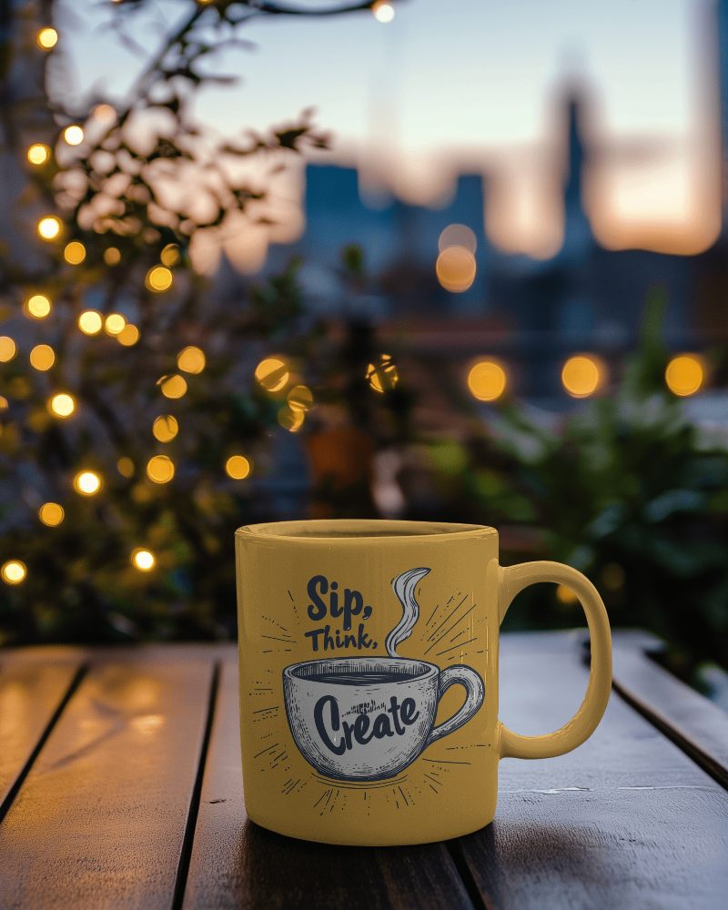 Evening Ambiance Sip Think Create Mug Mockup Among Lit Plants