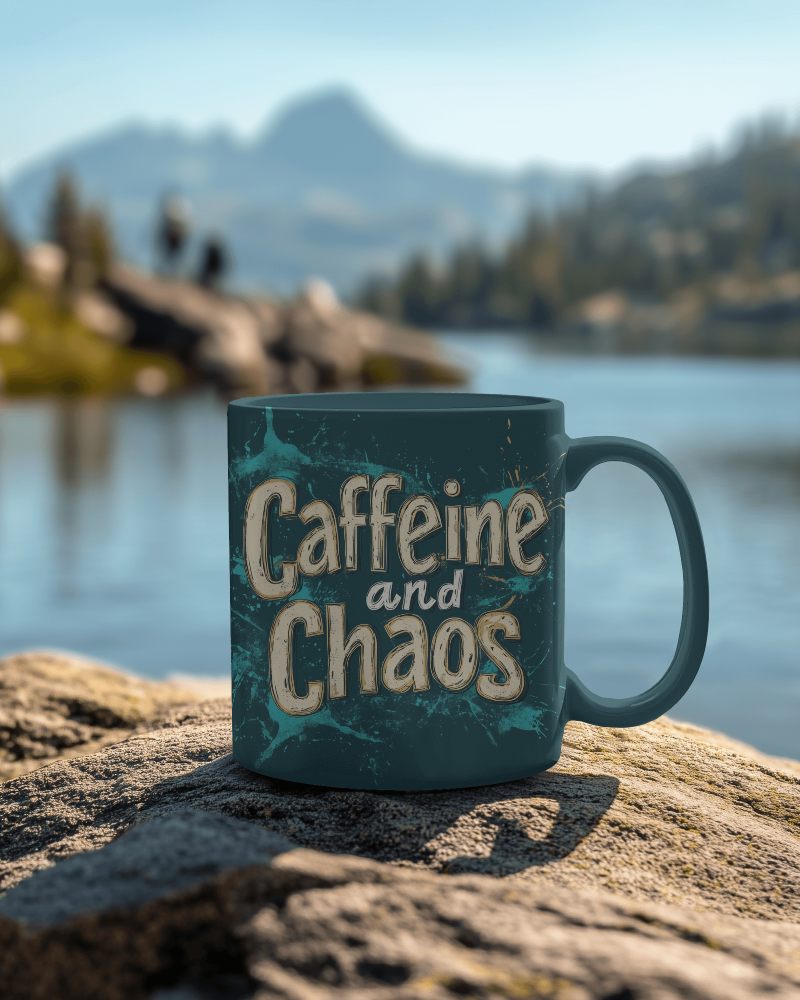Serene Lakeside Caffeine And Chaos Mug Mockup With Mountain View