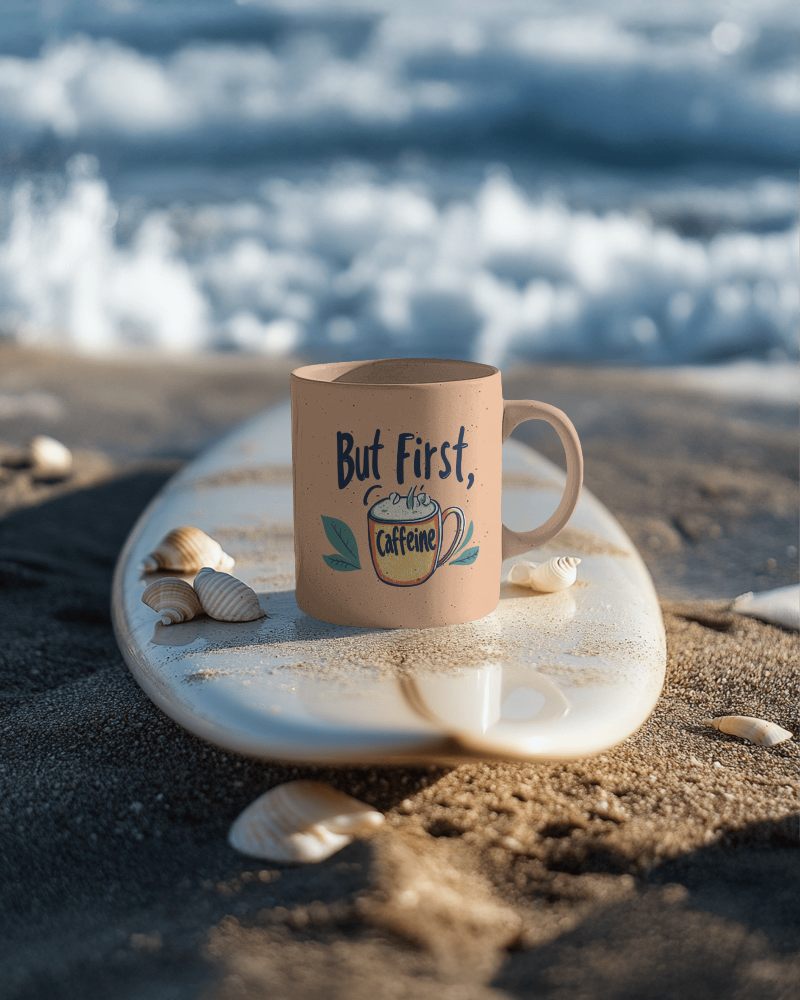 Seaside Coffee Mug Mockup Beach Sand And Shells Casual Ocean View