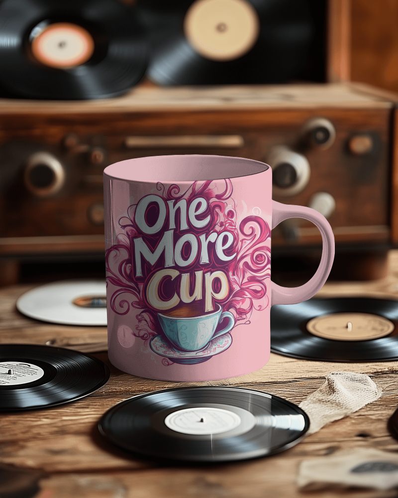Pink Coffee Mug Mockup One More Cup Text Retro Vinyl Background