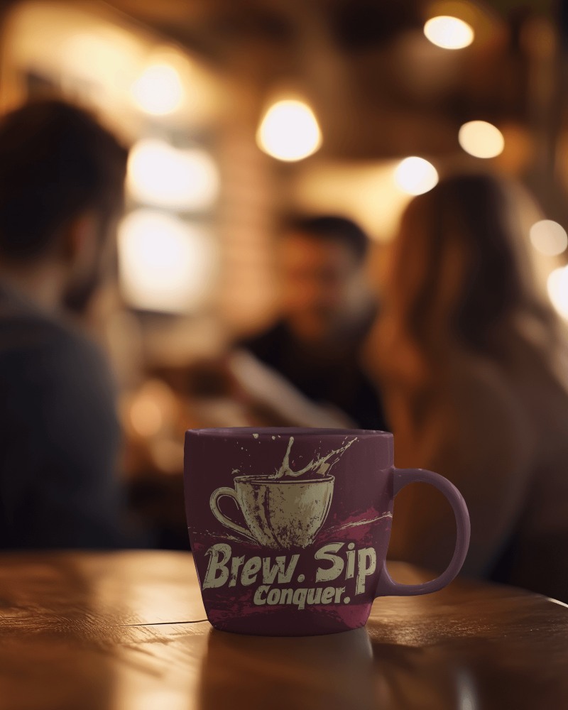 Coffee House Mug Mockup Brew Sip Conquer Slogan Café Ambiance
