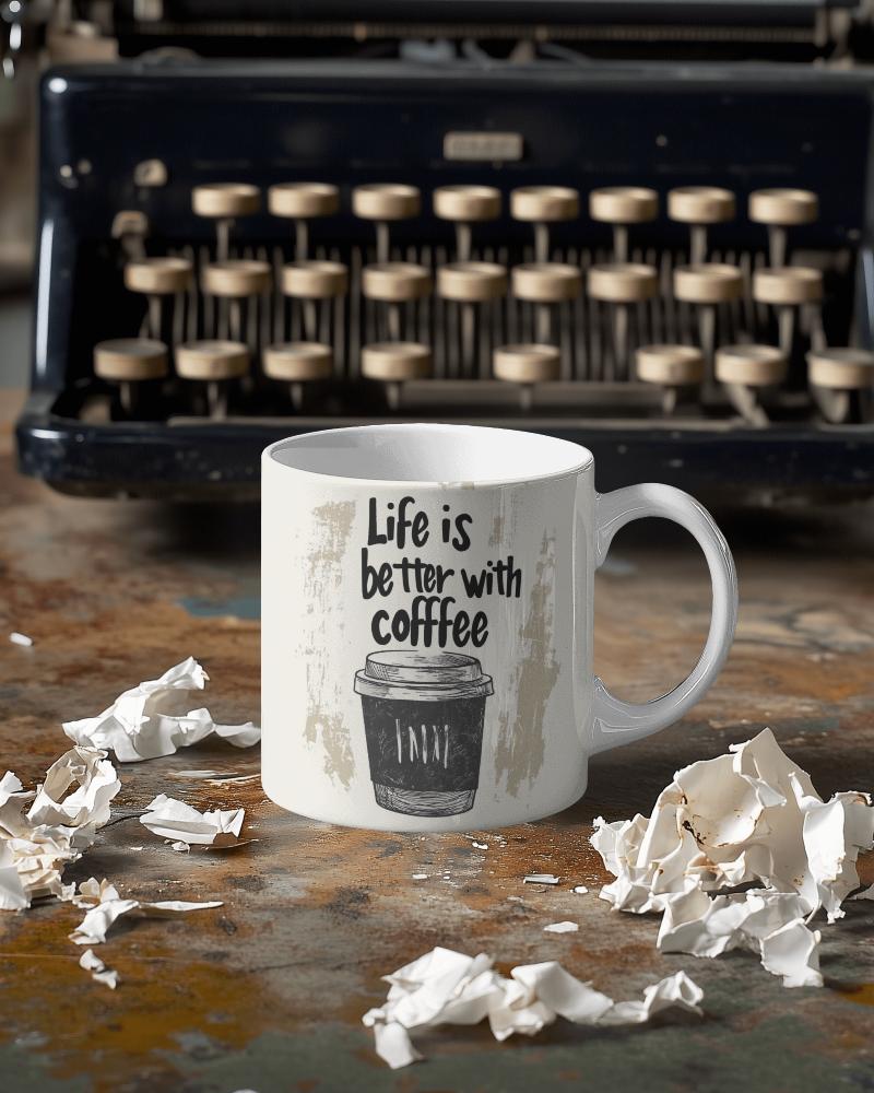 Vintage Typewriter Mug Mockup With Coffee Inspired Quote Among Scattered Paper Shreds