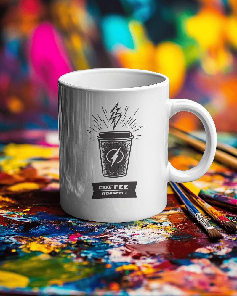 Artistic Palette Mug Mockup With Coffee Empowering Design Amongst Vibrant Paint Splatters