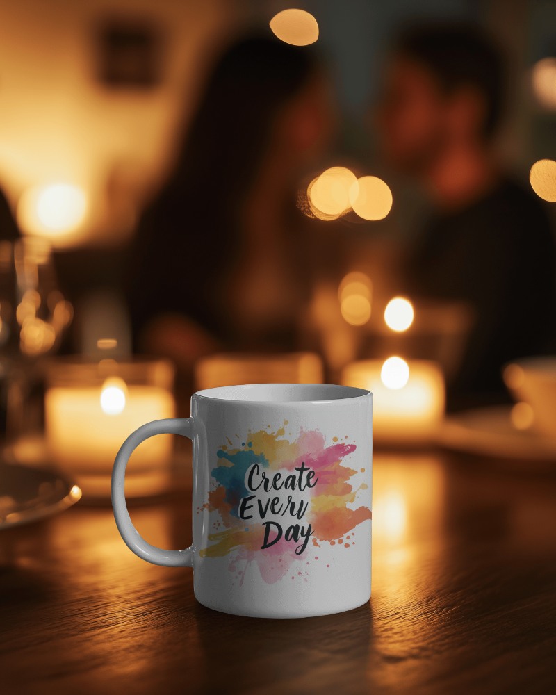 Inspirational Quote Mug Mockup Under Warm Ambient Lighting On Wooden Table In Cozy Cafe