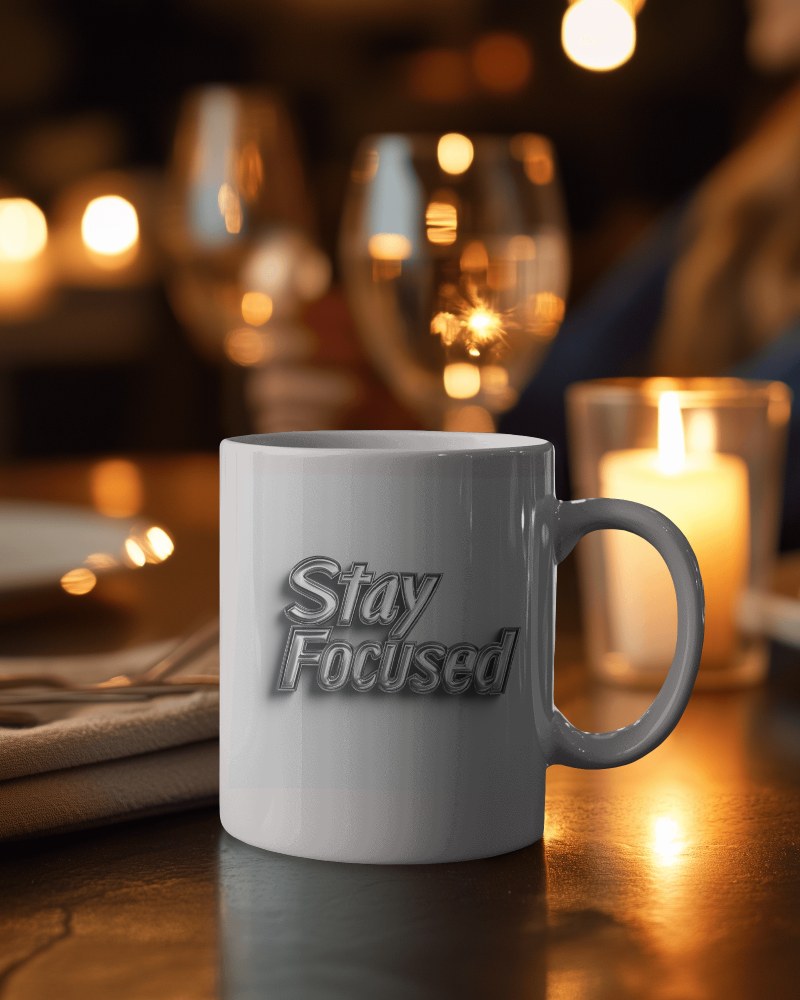 Cozy Night In Stay Focused Mug Mockup With Silver Lettering Amongst Gentle Glow Of Candles