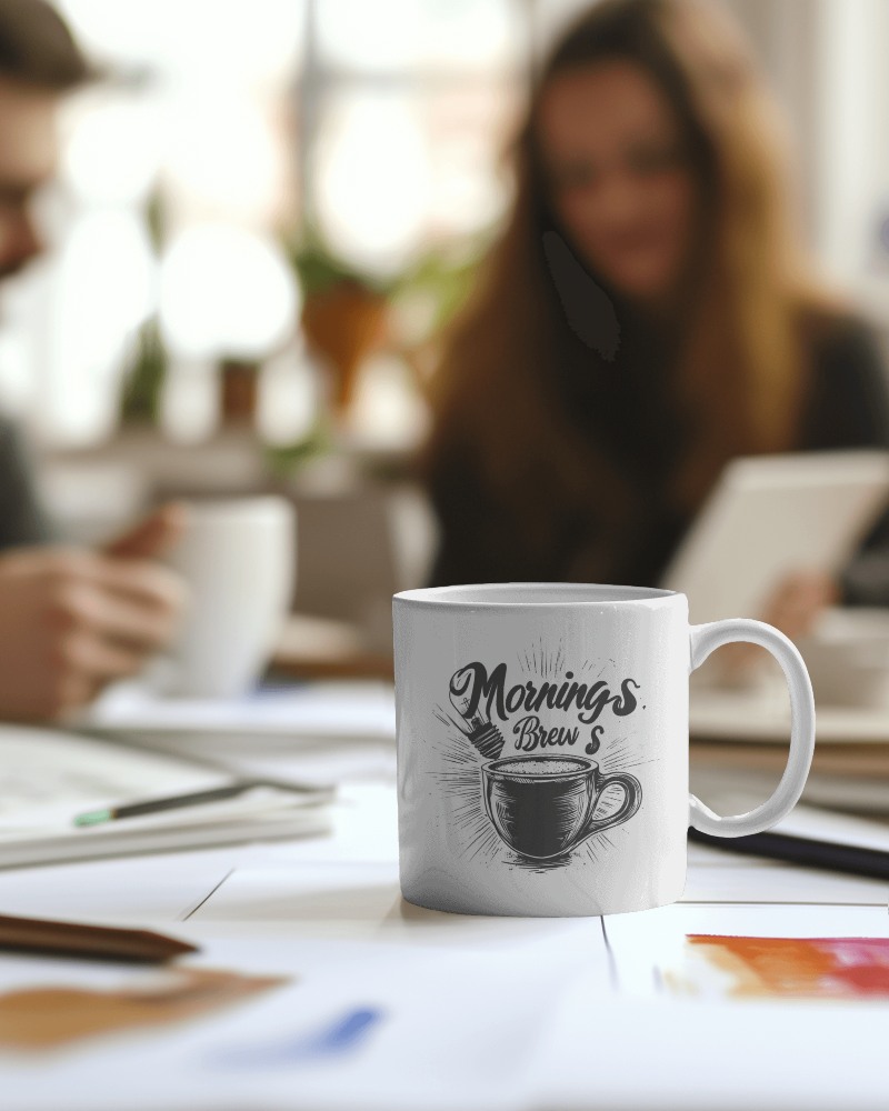 Morning Brew Coffee Mug Mockup On Bright Workshop Table With People In Background