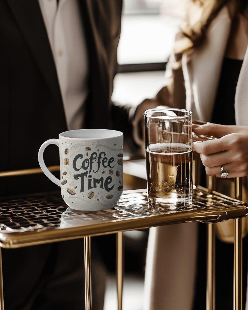Modern Coffee Break Mug Mockup Coffee Time Slogan On Trendy Table With Woman In Mid Action