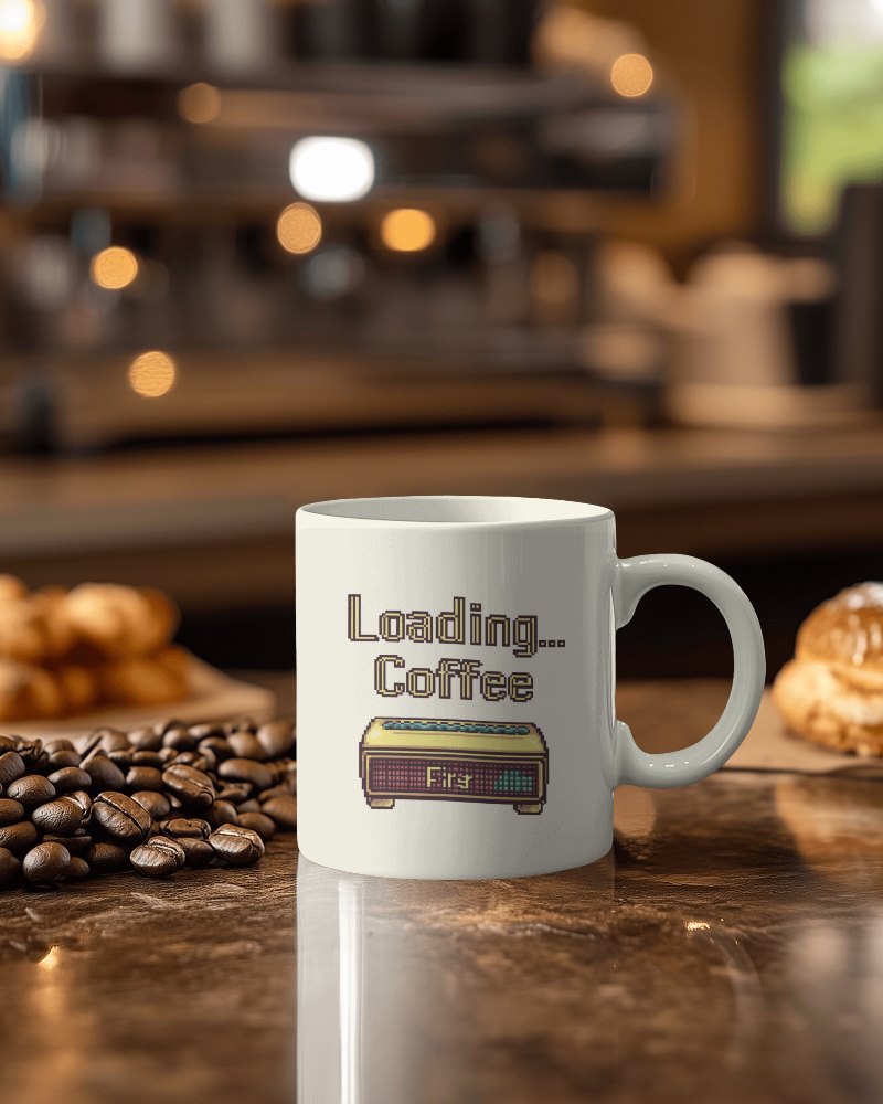 Retro Computer Loading Coffee Mug Mockup With Coffee Beans And Pastries On Wooden Table