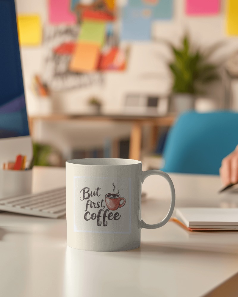 Office Desk But First Coffee Mug Mockup With Laptop And Notebook In Vibrant Workspace