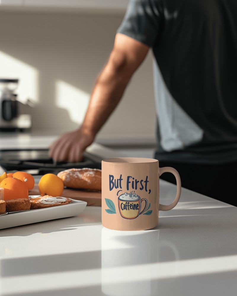 Morning Kitchen Coffee Mug Mockup With Caffeine Motivation On Counter