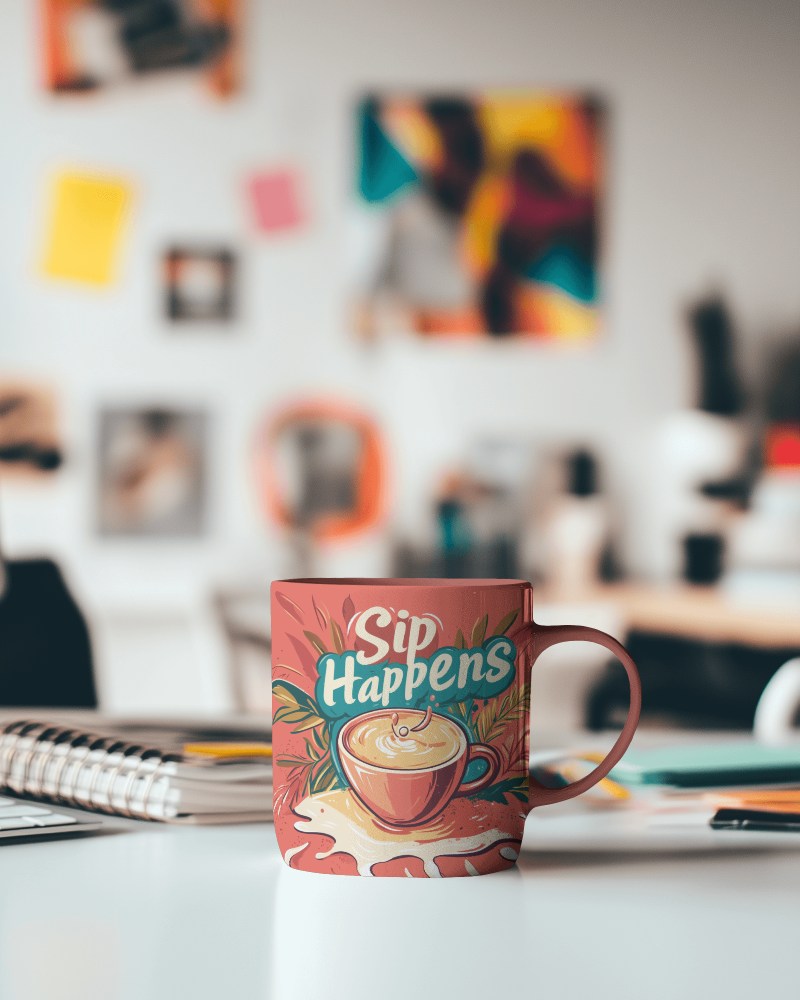 Modern Desk Vibe Mug Mockup Sip Happens With Coffee Art Under Soft Lighting