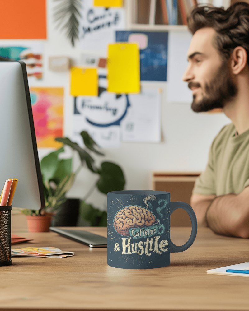 Brain Inspired Coffee Mug Mockup On Wooden Desk With Laptop And Plant In A Bright Creative Office Space