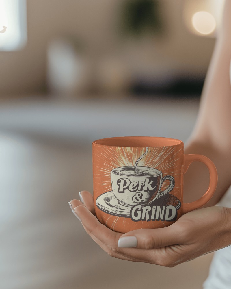 Handheld Orange Coffee Mug Mockup With Perk Grind Design In A Bright Natural Lighting Ambiance
