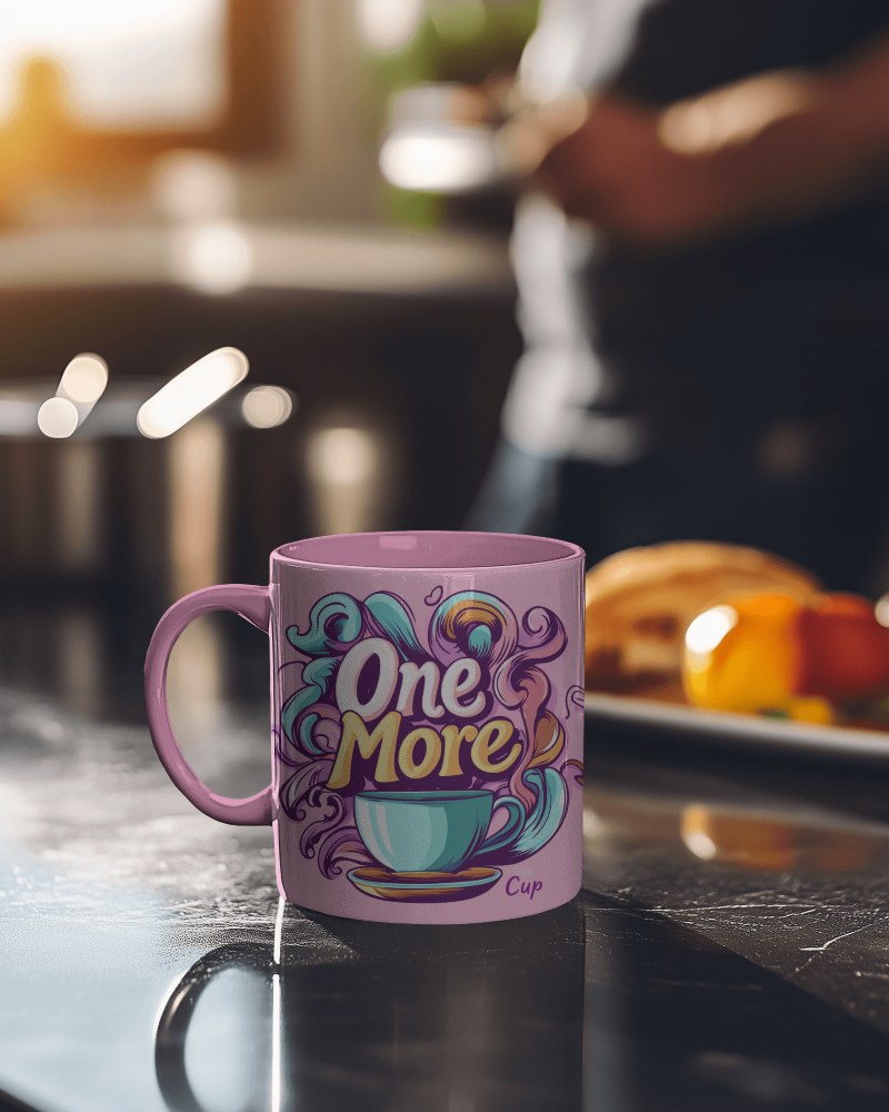 Purple Mug Mockup With One More Cup Coffee Art On Reflective Table Top In A Casual Cafe