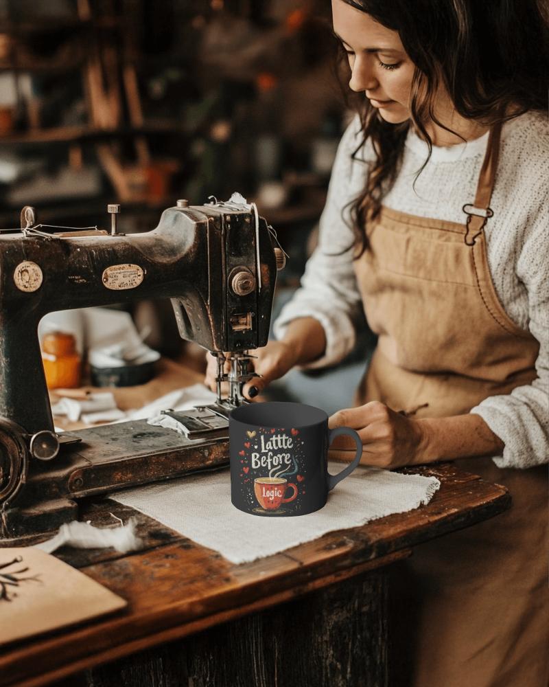 Craft Room Ambiance Mug Mockup Featuring Latte Before Logic Coffee Cup With Woman Sewing