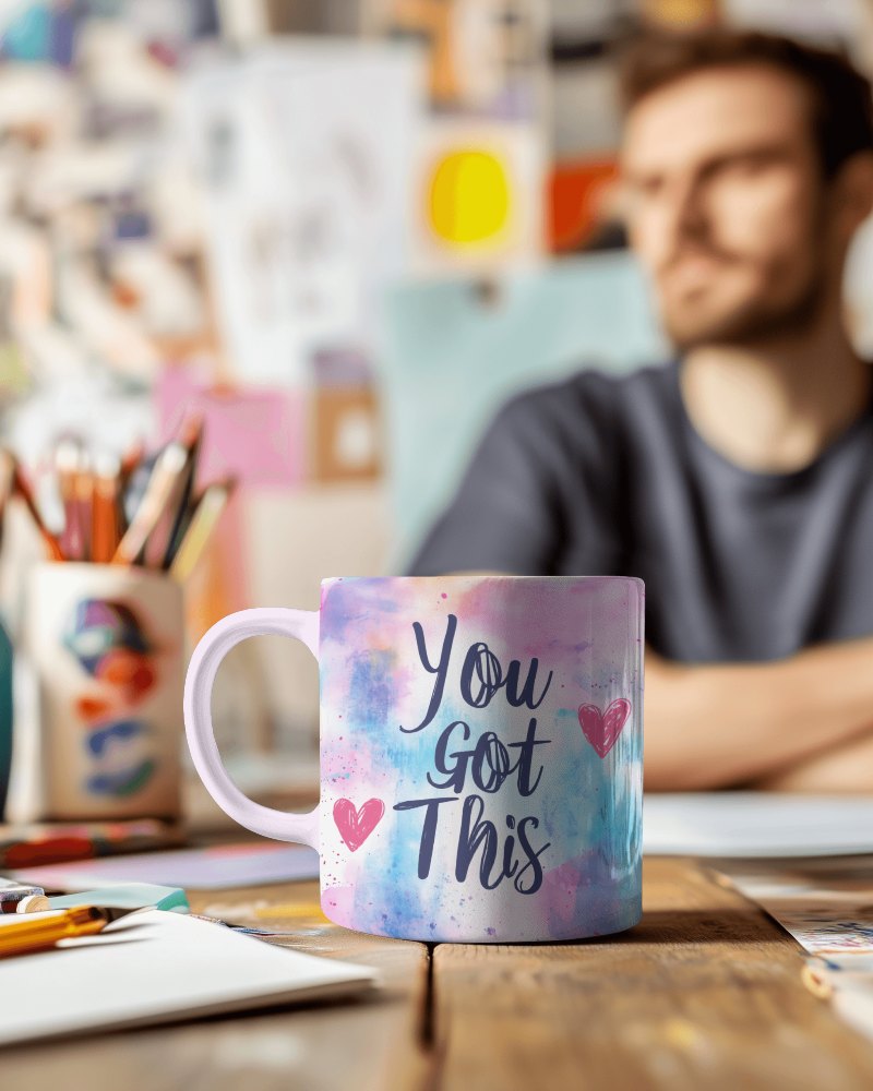 Artistic Watercolor Mug Mockup With You Got This Slogan On Wooden Desk In Creative Studio