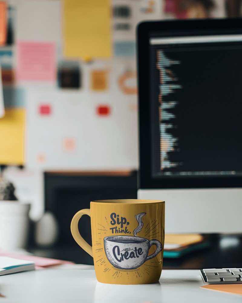 Office Desk Mustard Mug Mockup With Inspirational Slogan Sip Think Create Under Natural Light