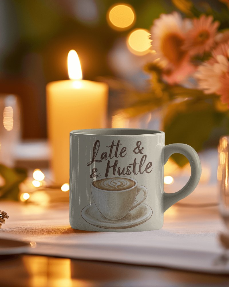 Warm Lit Latte Hustle Mug Mockup With Candle And Flowers In An Intimate Evening Setting
