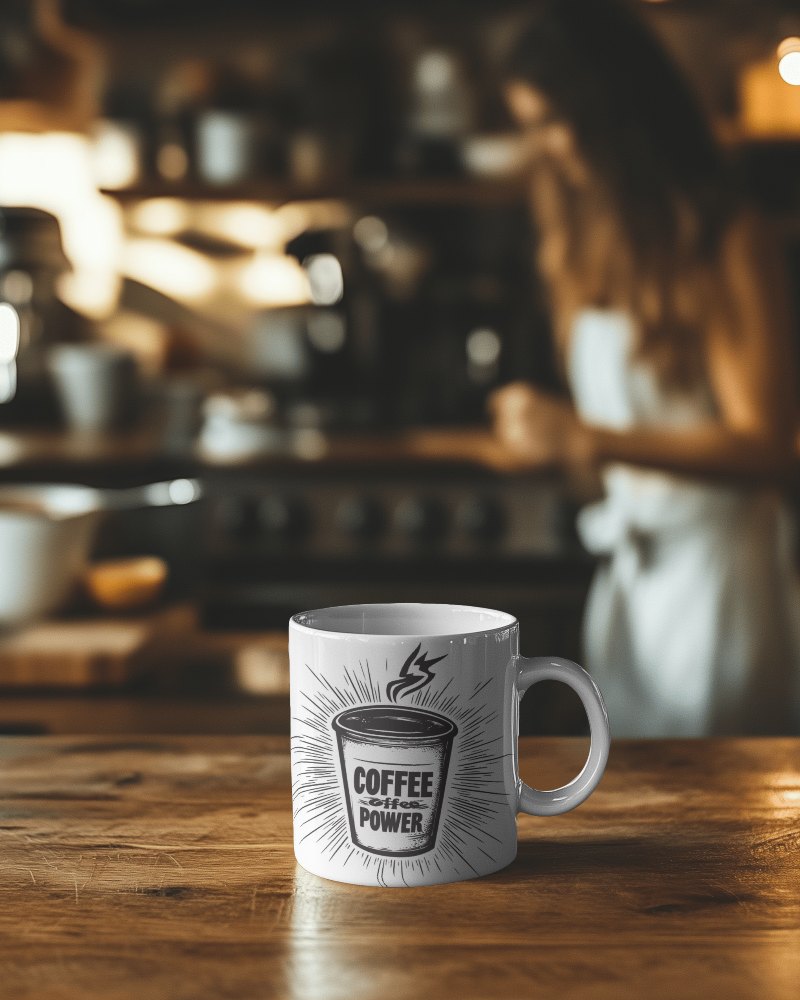 Rustic Wooden Table Coffee Power Mug Mockup In A Dimly Lit Coffee Shop Atmosphere