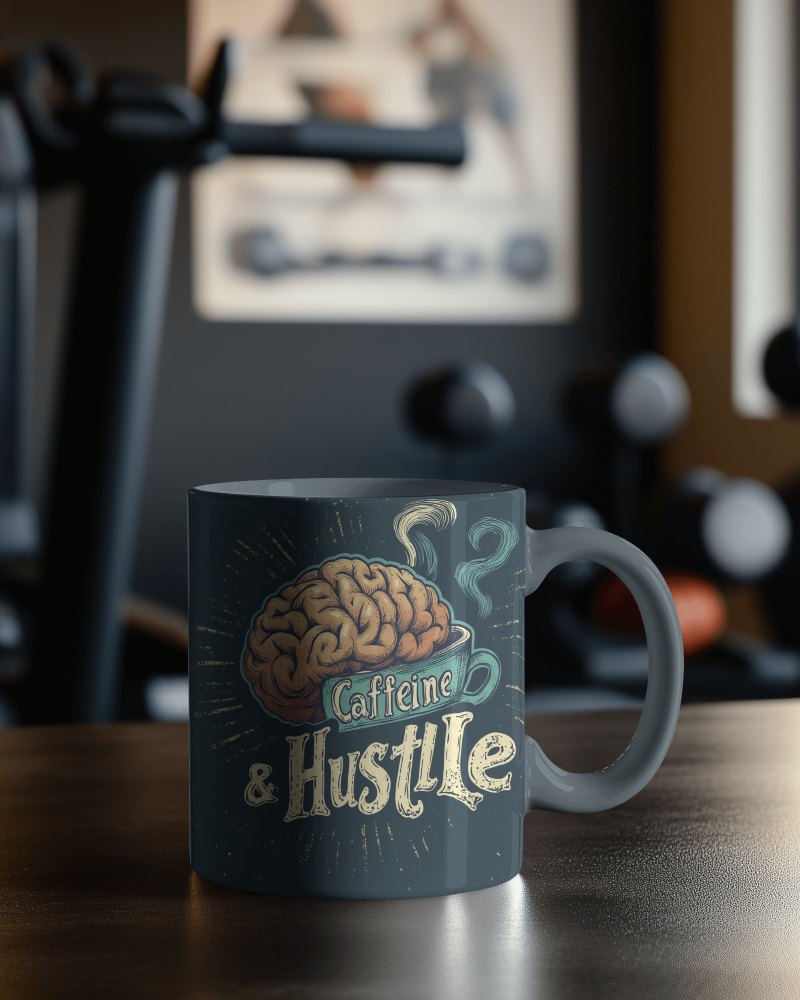 Brain Boosting Caffeine Hustle Mug Mockup On Dark Wooden Desk In A Fitness Studio