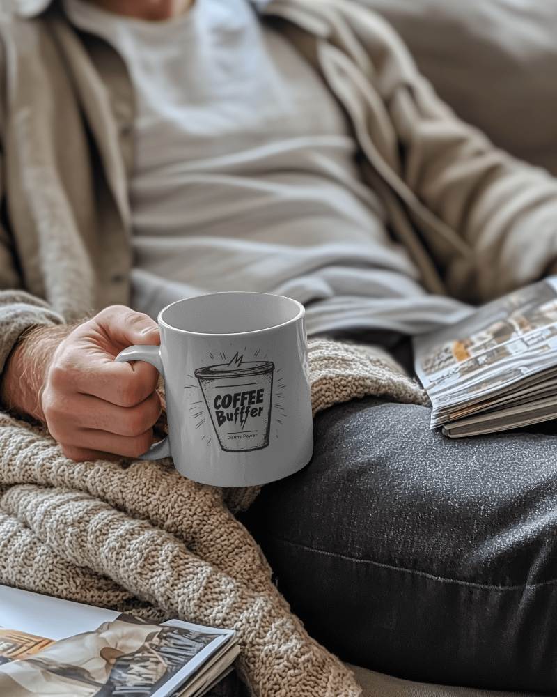 Cozy Living Room Coffee Buffer Mug Mockup With Person Holding On Couch