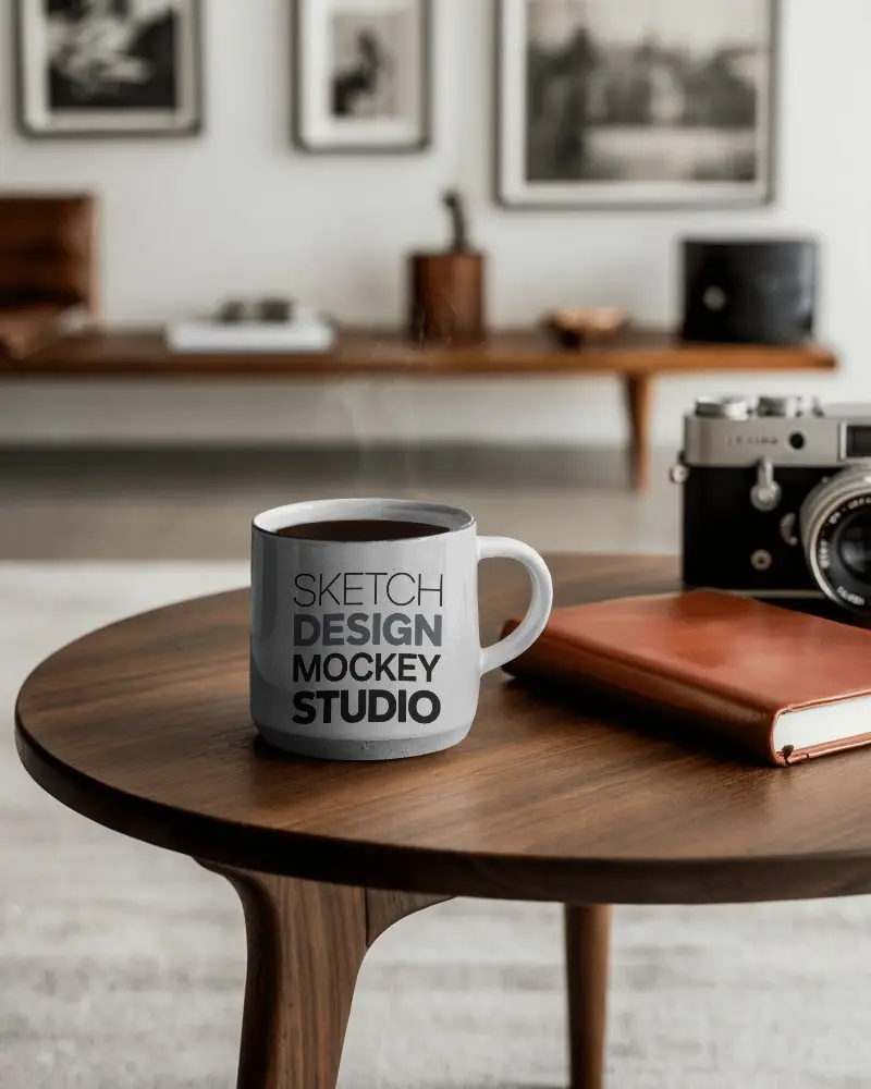 Ceramic Coffee Mug On Wooden Table With Vintage Camera And Notebook Interior Mockup