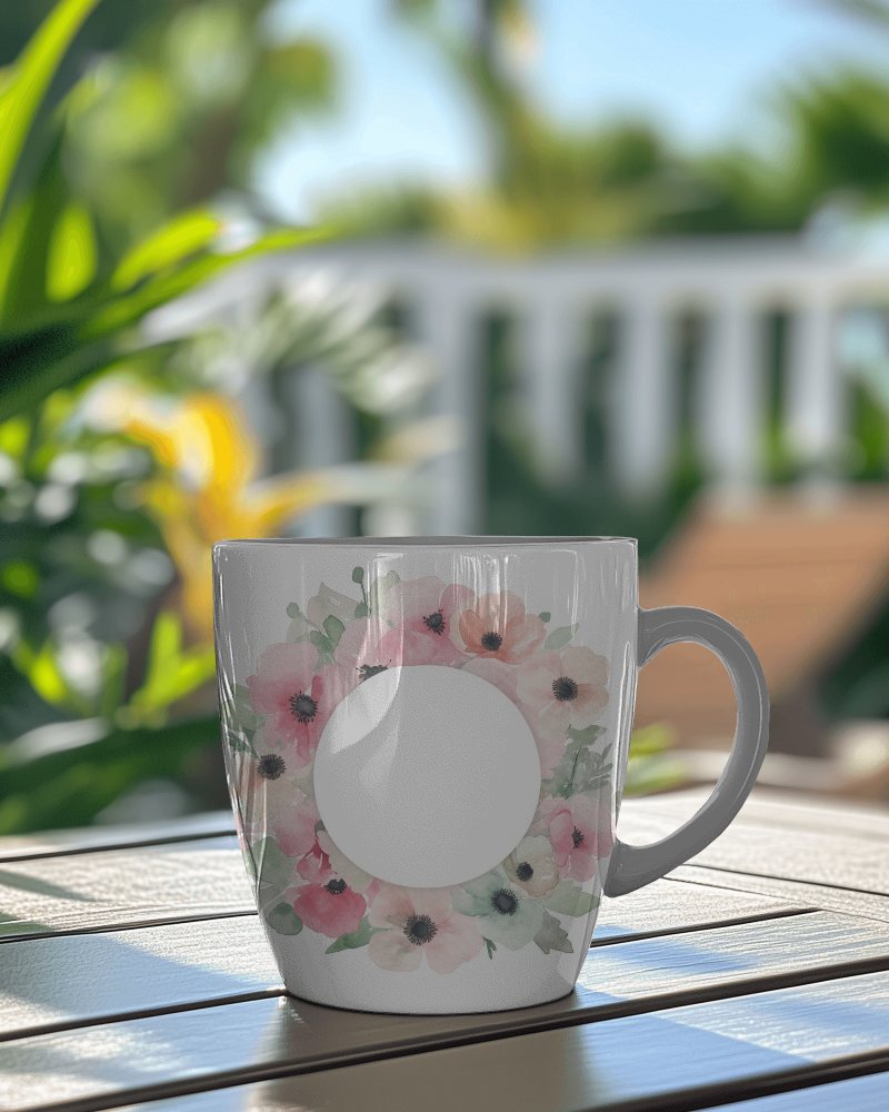 Outdoor White Mug Mockup On Patio Table With Green Background