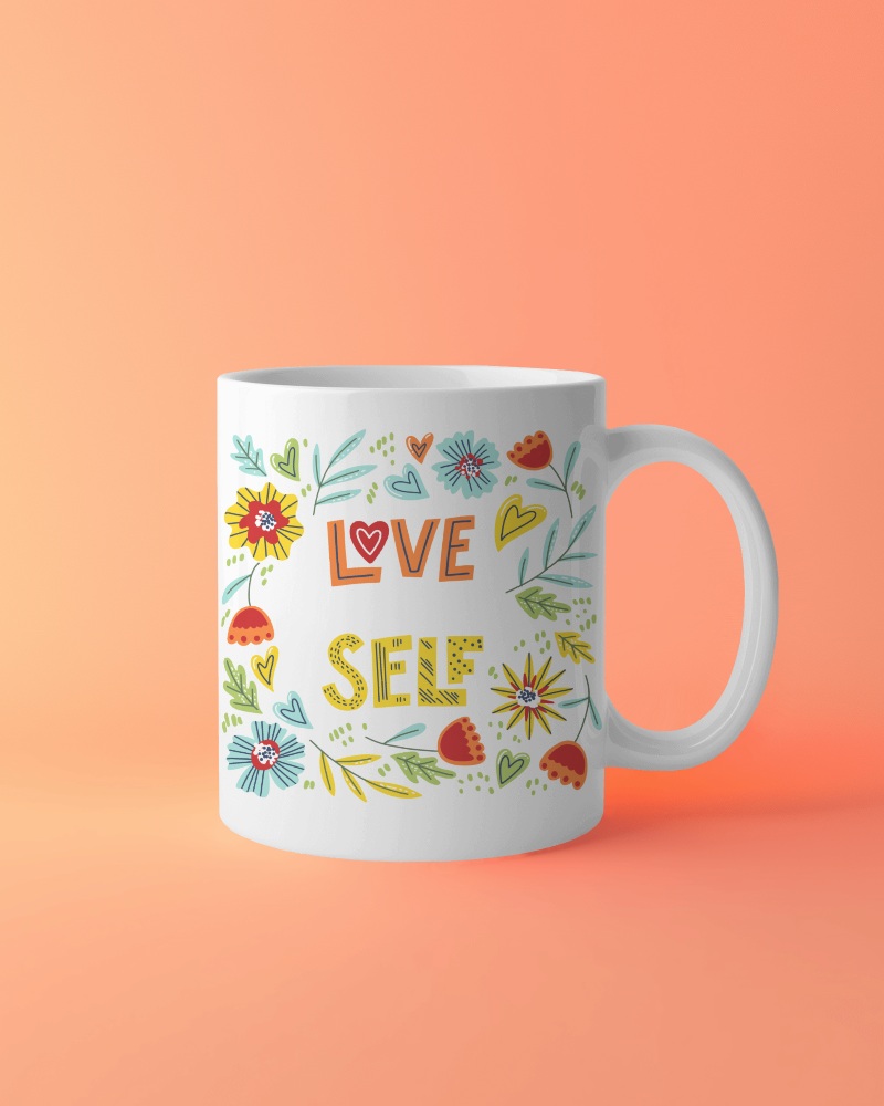 Realistic Mug Mockup On Circular Surface Surrounded By Smooth Textures Perfect For Custom Designs